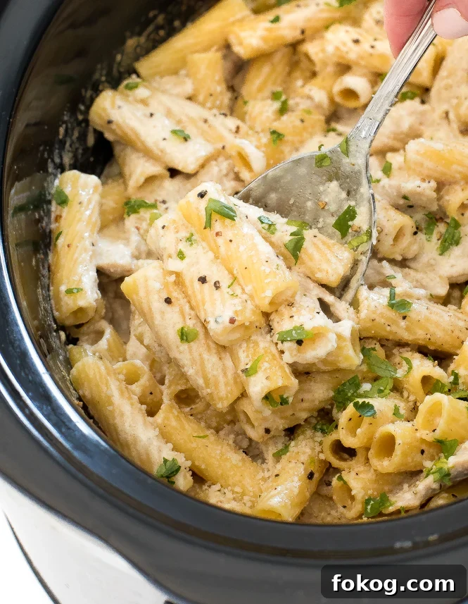 Noodles with a white sauce in a slow cooker being scooped with a spoon. 