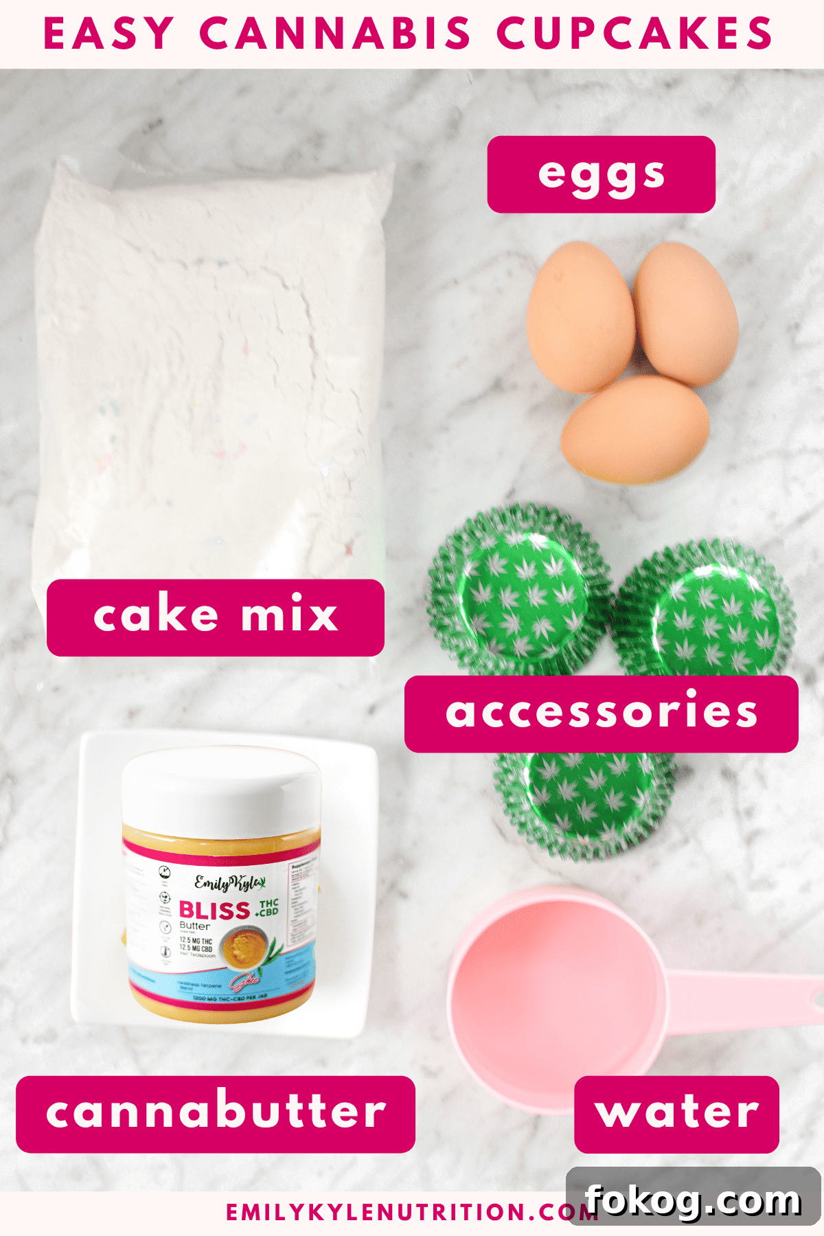 How to Make Cannabis-Infused Cupcakes from Cake Mix 6 A white countertop with the ingredients needed to make cannabis cupcakes