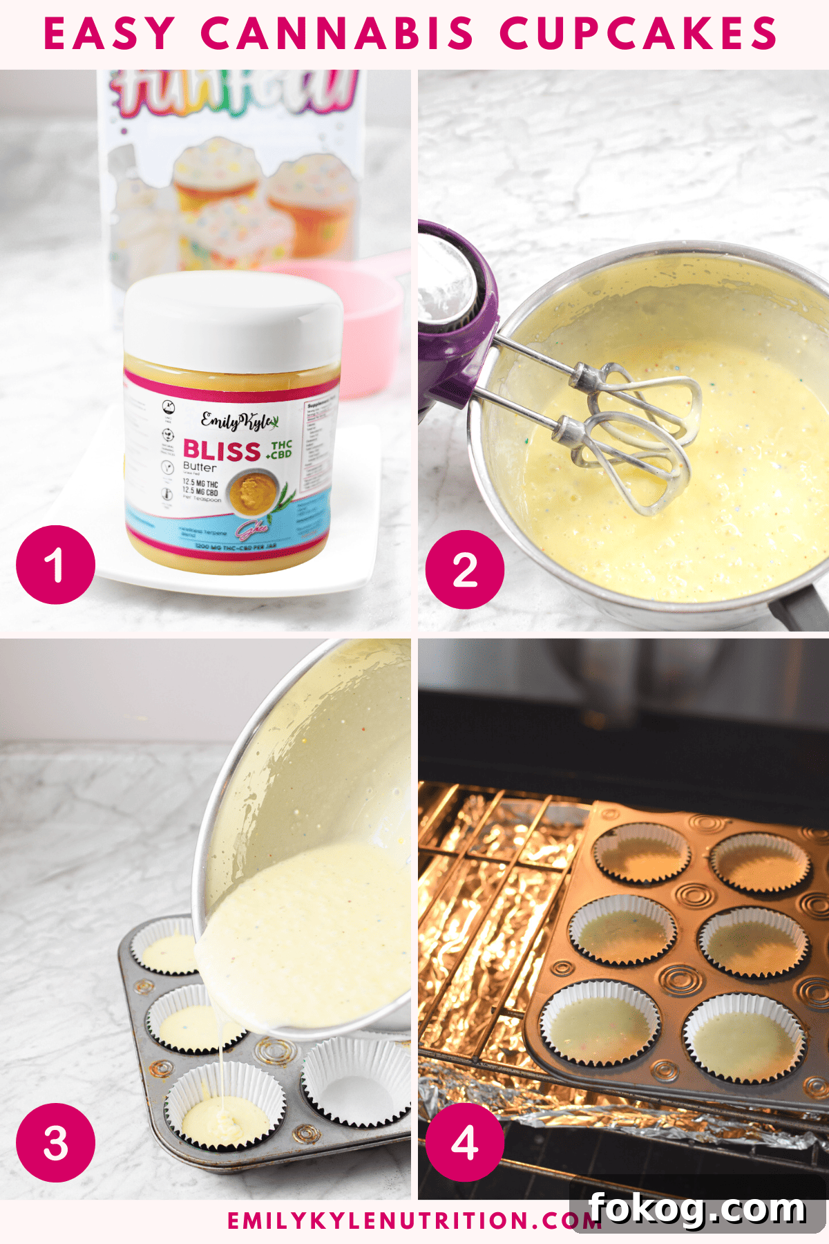 How to Make Cannabis-Infused Cupcakes from Cake Mix 8 A four step ingredient collage showing the first four steps in making cannabis cupcakes