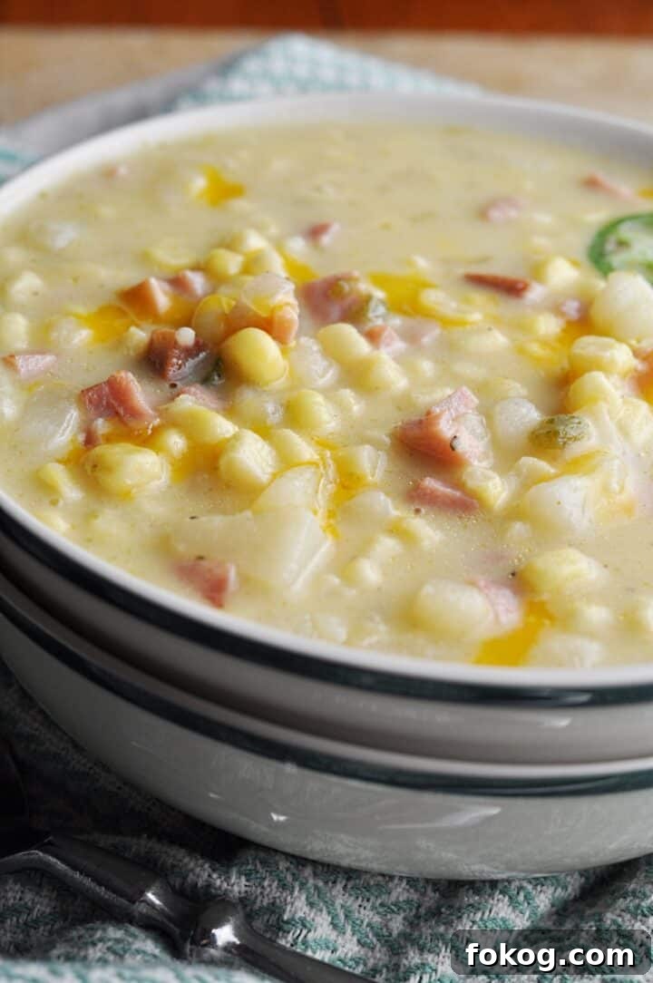 Chowder with corn and ham and jalapenos