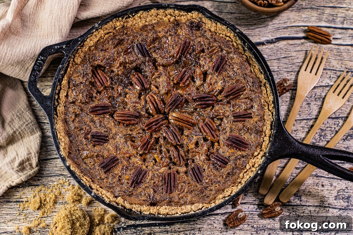 pecan pie baked in a cast iron skillet 