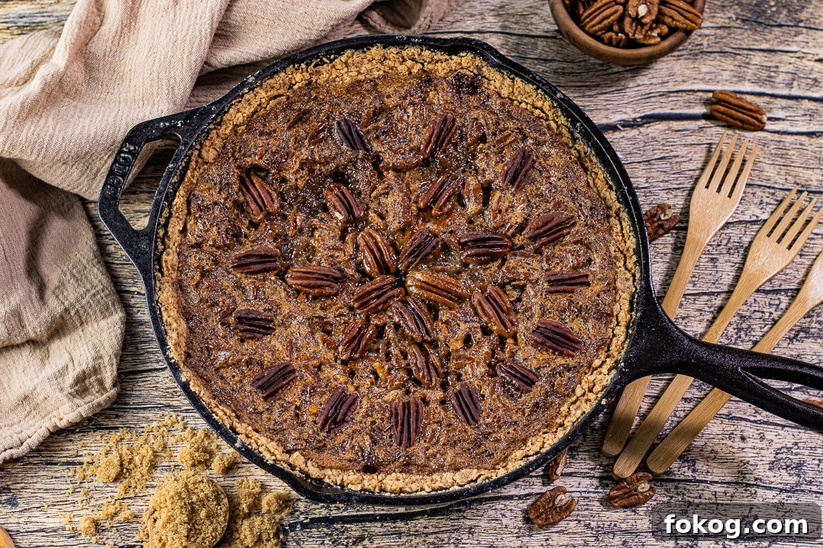 cast iron skillet with a pecan pie baked in it